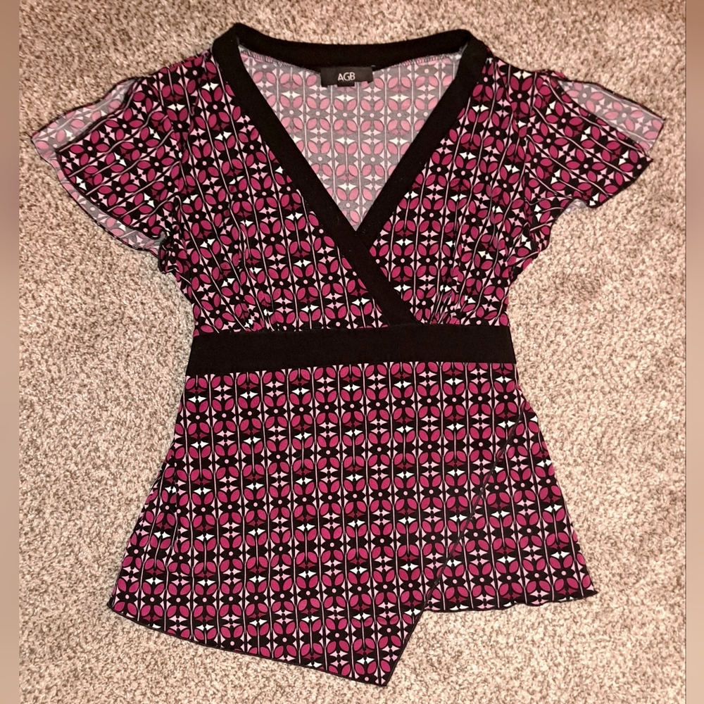 Vintage AGB 90's Y2K Pink & Black Floral Top With Tie Belt Women's Size Small